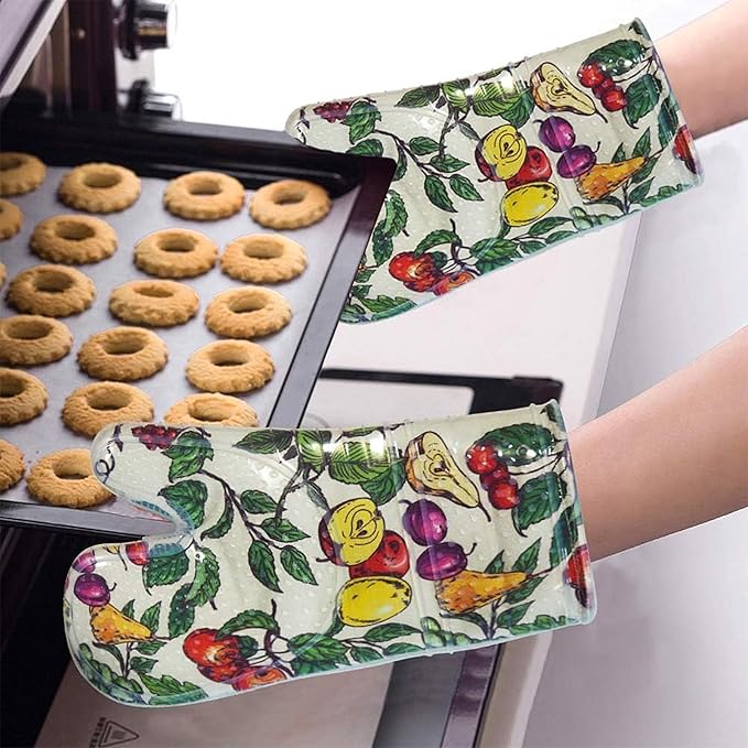 Oven Mitts Set of 2 with Transparent Clear Silicone Shell and Nice Friut Flower Cotton Lining, Heat Resistant to 500 F Kitchen Oven Gloves Pot Holder for Cooking (Friut Flower, Oven Mitts) - Image 2