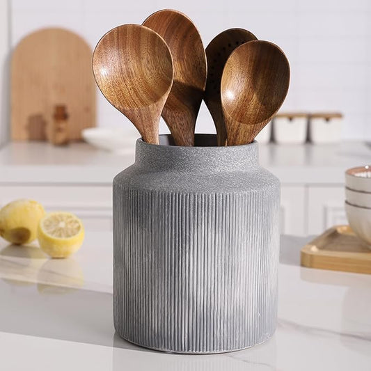 Farmhouse Ceramic Farmhouse Kitchen Utensil Holder for Countertop, Rustic Cooking Utensil Holder Crock Fit for Kitchen Counter.Grey 6.1 x 6.1 x 7 IN by Unknown