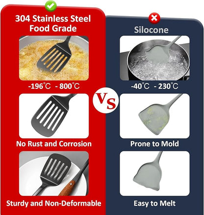 304 Stainless Steel Cooking Utensils Set,9PCS Metal Kitchen Utensils Set with Wooden Handle,Solid Spoon,Spatula,Ladle,Skimmer,Spaghetti Spoon,Dishwasher Safe(Black) - Image 4