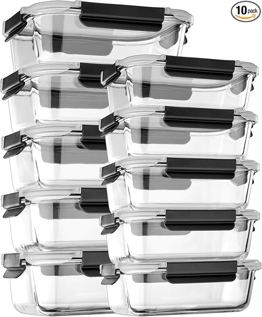 coccot Glass Food Storage Containers with Lids Airtight, Glass Meal Prep Containers with Snap Lids for Food, Bpa-free,Easy to Open&Close/Microwave,Oven,Freezer,Dishwasher Safe/Leak-proof [10 Pack]