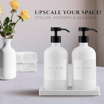 Glass Soap Dispenser Set of 2 (White) with Silicone Tray | Hand and Dish Soap Dispenser for Kitchen and Bathroom | 16.8 Oz Glass Bottles with Stainless Steel Pump & 15 Waterproof Labels (White/Black)