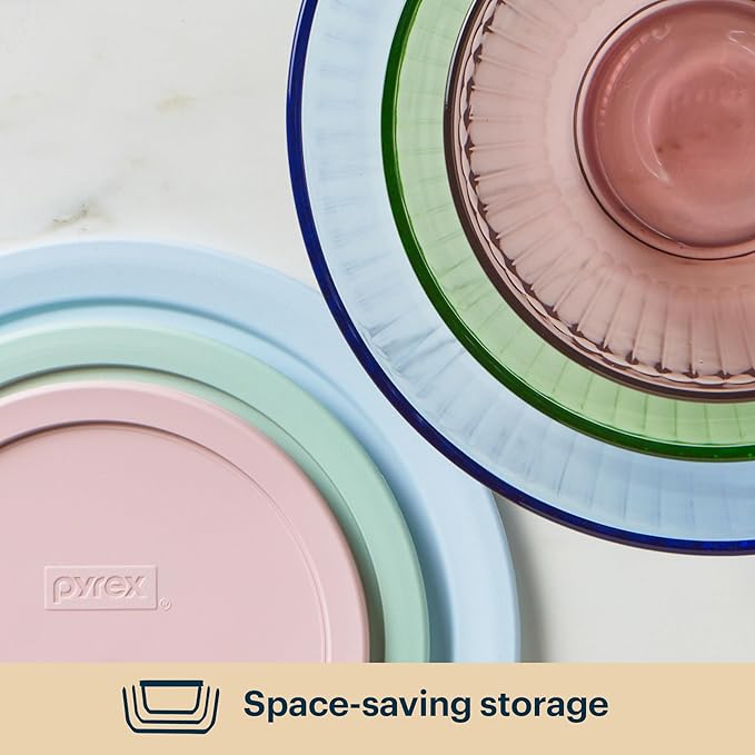 Pyrex Colors (3-Pack, Full Set) Sculpted Tinted Glass Mixing Bowls With Plastic Lids, Nesting Space Saving Set of Bowls For Prepping and Baking, 1.3QT, 2.3QT & 4.5Q, (Pink, Green, Blue) - Image 5