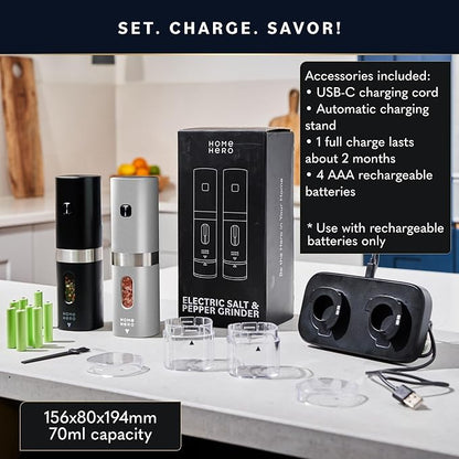 Home Hero Electric Salt and Pepper Grinder Set - Automatic Salt and Pepper Grinder Set Rechargeable. Electronic Salt and Pepper Shakers with LED Light, Electric Pepper & Salt Grinder, Set of 2 - Image 7