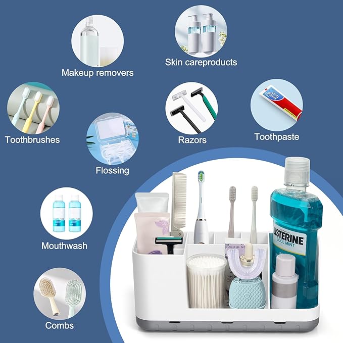 QIYVLOS Bathroom Organizers and Storage, 8 Slots Detachable Toothbrush Holders for Bathrooms, Anti-Slip Bathroom Countertop Organizer with Drainage Hole Vanity Storage (Ivory)