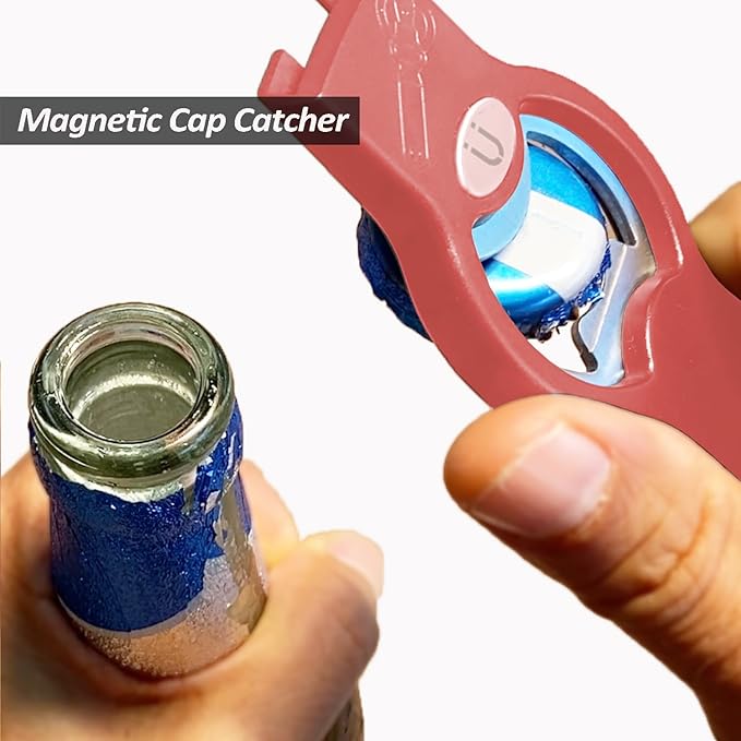 2-in-1 Magnetic Soda Can & Beer Bottle Opener-Dual Magnets for Fridge & Cap Catcher, Heavy Duty Stainless Steel, Perfect for Big Hands,Long nails, RV, Bartender, Gift for Father, Red, Openpro 1 Pack