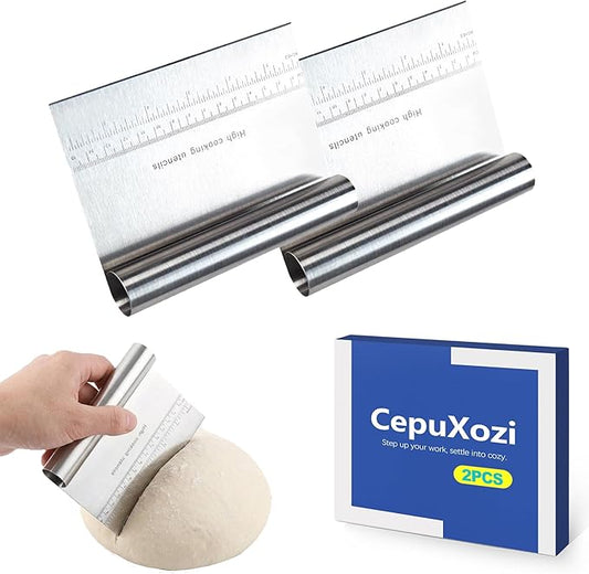 2 Pack Stainless Steel Dough Scraper & Dough Cutter, Pastry Knife & Dough Scraper with Measurement. Professional Baking Dough Knife for Cutting Board, Pizza & Kitchen