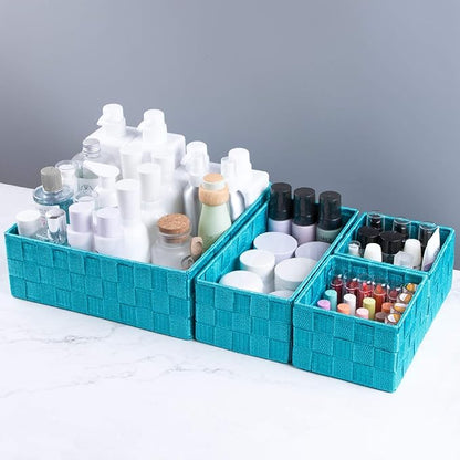 Posprica Woven Storage Baskets for Organizing, Small Black Baskets Cube Bin Container Tote Organizer Divider for Drawer, Closet, Shelf, Dresser, Set of 4(Aqua) - Image 3