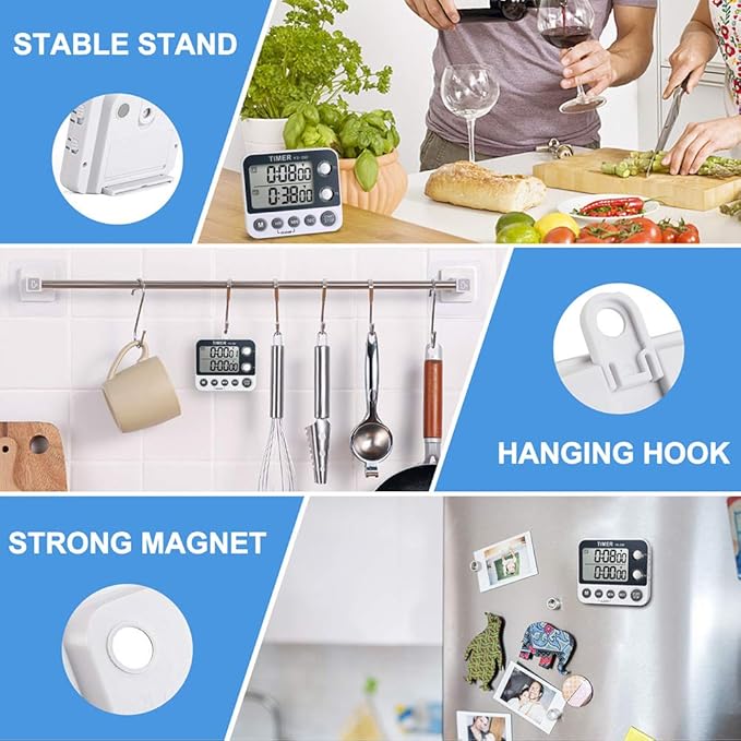HomeMall Digital Kitchen Cooking Timer, Dual Count Up & Down with Magnetic Back, Large Display, Adjustable Volume and Flashing Alarm Light, ON/Off Switch Stopwatch, Battery Included - Image 6