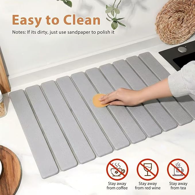 2 PCS Large Stone Dish Drying Mat for Kitchen Counter with Water Absorbing Sink Tray,24x16 Inch Foldable Diatomaceous Earth Dish Mat & 8x4 Inch Stone Coasters Tray,Super Absorbent Quick Dry - Image 5