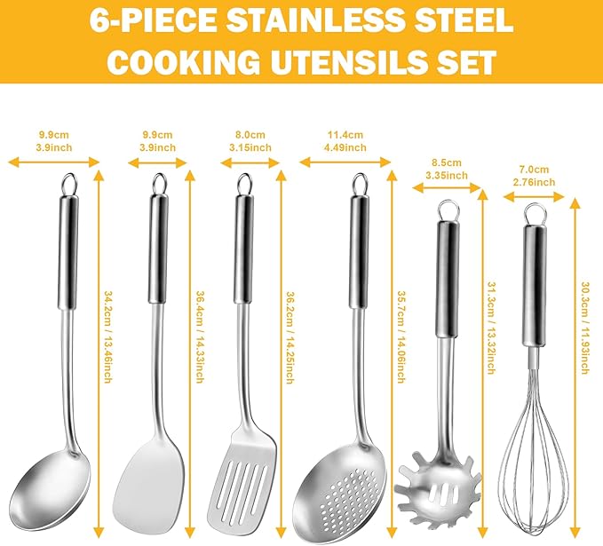 6-Piece Kitchen Cooking Utensils Set, Stainless Steel Kitchen Utensils with Suspendable Handle, Spatula, Slotted Turner, Soup Ladle, Slotted Spoon, Whisk, Pasta Server, Dishwasher Safe - Image 2