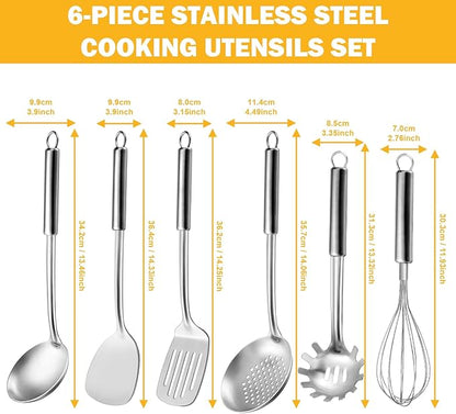 6-Piece Kitchen Cooking Utensils Set, Stainless Steel Kitchen Utensils with Suspendable Handle, Spatula, Slotted Turner, Soup Ladle, Slotted Spoon, Whisk, Pasta Server, Dishwasher Safe - Image 2