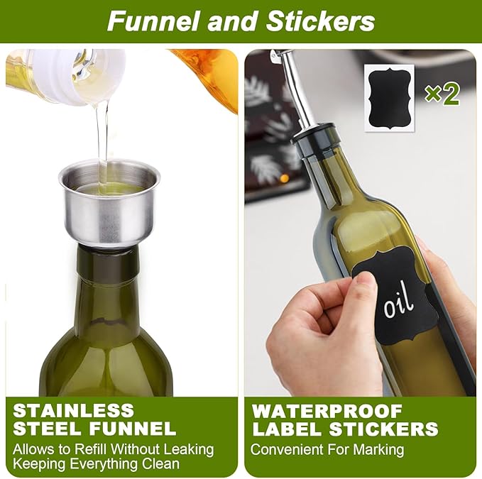 Green Olive Oil Dispenser Bottle - 17oz/500ml Glass Oil and Vinegar Bottles Set for Kitchen, Oil Dispenser with 2 Stainless Steel Pourers, Funnel and Brush - Image 6