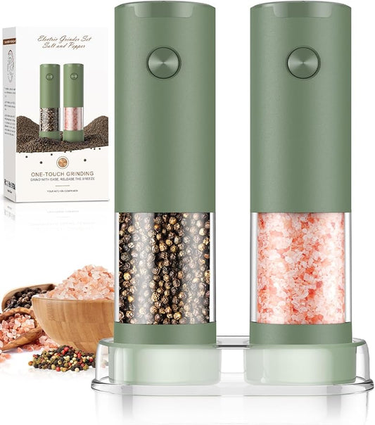 Salt and Pepper Grinder Set Mom Gifts, Electric Automatic Green Salt Pepper Shakers Home Kitchen Gadgets for New Home, Adjustable Coarseness Pepper Grinder Kitchen Appliances by ioion
