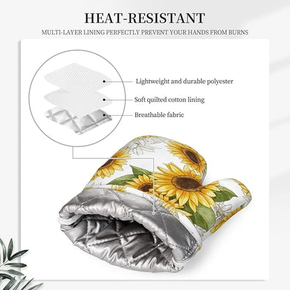 Yellow Sunflower Oven Mitts Sunflowers Pot Holders Yellow Flowers Cooking Apron Set of 5 Silicone Kitchen Glove Apron Non-Slip Heat Resistant for Chef Baking Cooking Grilling BBQ