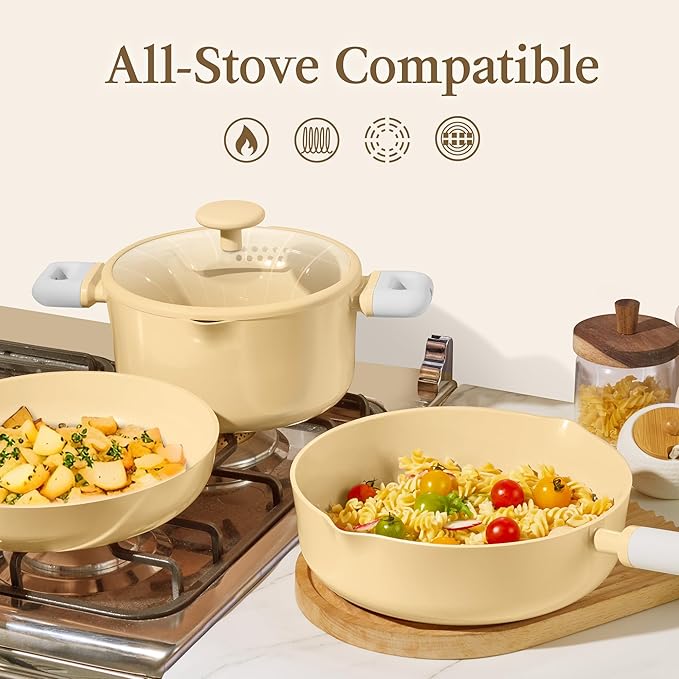 CAROTE Pots and Pans Set Nonstick, Ceramic Cookware Set, Yellow Cooking Set Kitchen Induction Set with Steamer, PFAS PTFE Free,9 Piece - Image 5