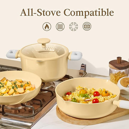 CAROTE Pots and Pans Set Nonstick, Ceramic Cookware Set, Yellow Cooking Set Kitchen Induction Set with Steamer, PFAS PTFE Free,9 Piece - Image 5