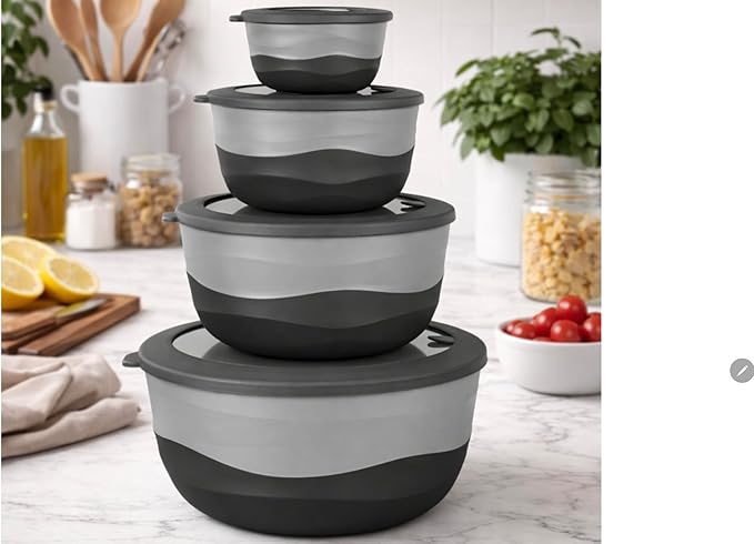 Pera Mixing Bowls with Lids Set, 8 Piece (4 Bowls + 4 Airtight Lids), BPA Free Nesting Kitchen Bowl Set for Mixing & Food Storage, Microwave & Dishwasher Safe (Black)