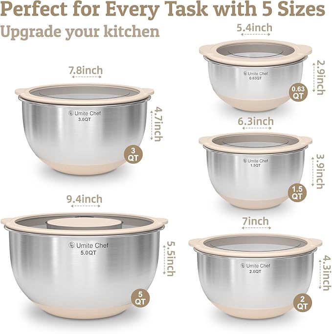 Mixing Bowles Set with Lids Set - Warp-Proof TPR-AS Lids, Stainless Steel Mixing Bowl with 3 Graters & Measuring Lines, Non-Slip Bowls for Baking, Prep, Airtight Food Storage (Khaki 5/3/2/1.5/0.63QT) - Image 6