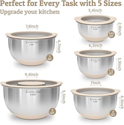 Mixing Bowles Set with Lids Set - Warp-Proof TPR-AS Lids, Stainless Steel Mixing Bowl with 3 Graters & Measuring Lines, Non-Slip Bowls for Baking, Prep, Airtight Food Storage (Khaki 5/3/2/1.5/0.63QT) - Image 6