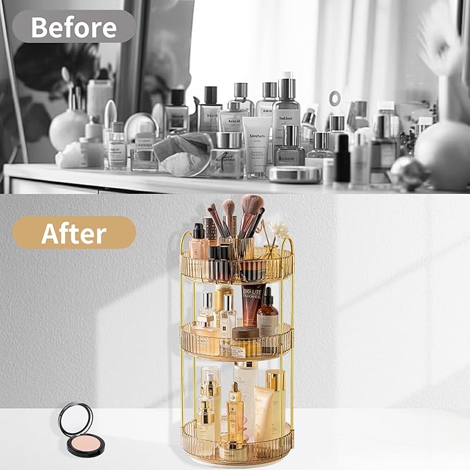 Asayuee 360 Rotating Makeup Organizer,3 Tier Large Capacity Make Up Organizers and Storage,Skincare Perfume Vanity Organizers,Bathroom Cosmetics Storage Organizer Countertop(Gold) - Image 5