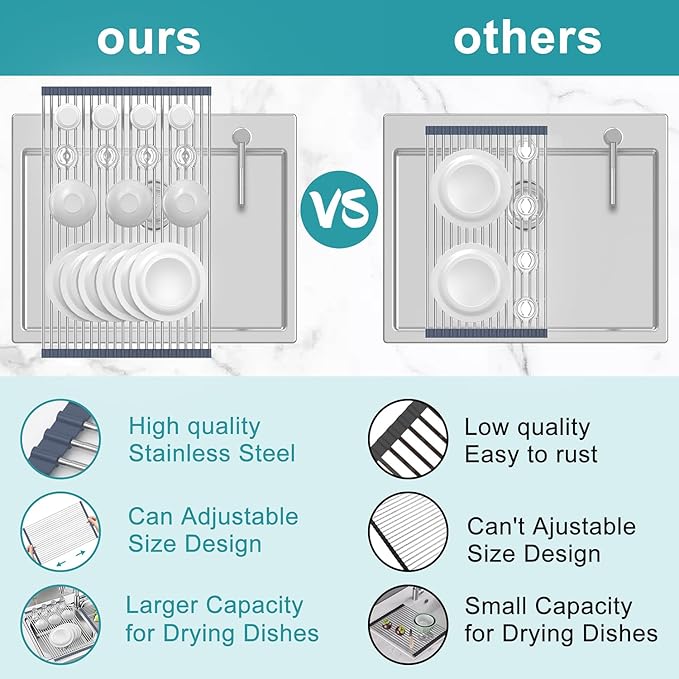 BBXTYLY Extra Large Expandable Roll Up Dish Drying Rack,Over The Sink Drying Rack Sink Cover Kitchen Sink Accessories Kitchen Rolling up Stainless Steel Drainer, Foldable,Rollable（Gray，25.1''-12.4''） - Image 6