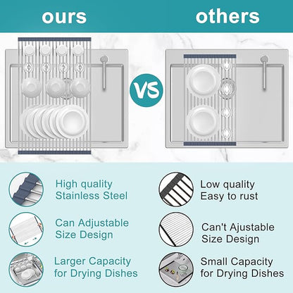 BBXTYLY Extra Large Expandable Roll Up Dish Drying Rack,Over The Sink Drying Rack Sink Cover Kitchen Sink Accessories Kitchen Rolling up Stainless Steel Drainer, Foldable,Rollable（Grey，25.1''-17.3''） - Image 4