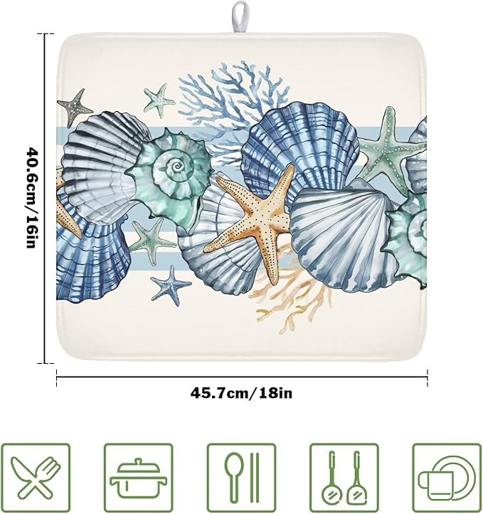 Summer Sea Shell Drying Mat 18x16 Inch, Starfish Drying Mat with Absorbent Reversible Microfiber, Coastal Dish Drainer Mats Holiday Ocean Rack Pad for Coffee Countertop Kitchen Protector