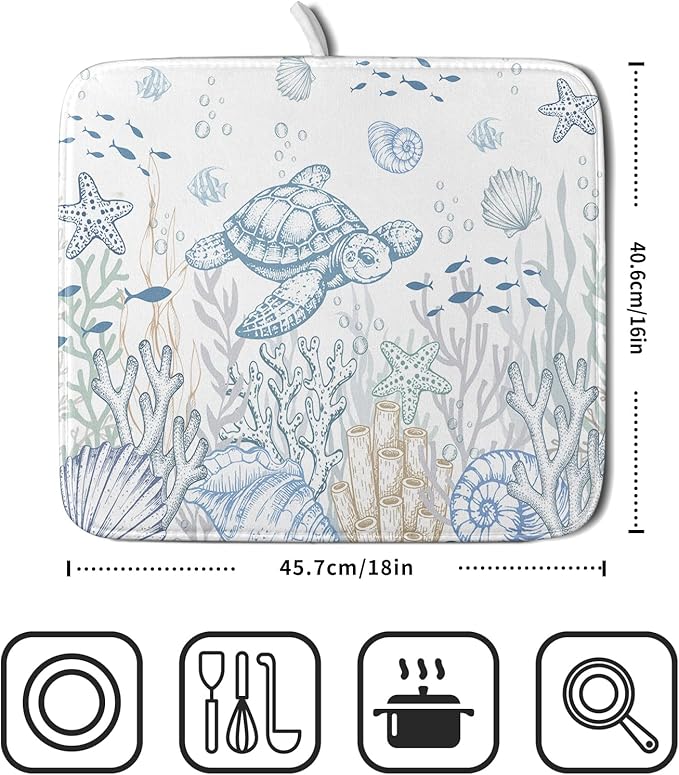 Giwawa Ocean Turtle Dish Drying Mat, Coastal Sea Tortoise Decorative Dish Drainer Mats, Summer Nautical Beach Themed Reversible Dish Drying Rack Pad Protector for Kitchen Countertop, 16"x18"