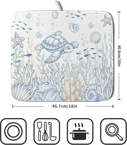 Giwawa Ocean Turtle Dish Drying Mat, Coastal Sea Tortoise Decorative Dish Drainer Mats, Summer Nautical Beach Themed Reversible Dish Drying Rack Pad Protector for Kitchen Countertop, 16"x18"