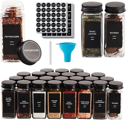 Skiileor 36 Pcs Spice Jars with Label- Glass Spice Jars with Black Metal Caps,Shaker Lids, Funnel, Chalk Pen, 4oz Seasoning Containers Bottles for Spice Rack, Cabinet, Drawer by Skiileor