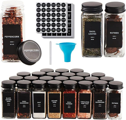 Skiileor 48 Pcs Spice Jars with Label- Glass Spice Jars with Black Metal Caps,Shaker Lids, Funnel, Chalk Pen 4oz Seasoning Containers Bottles for Spice Rack, Cabinet, Drawer by Skiileor