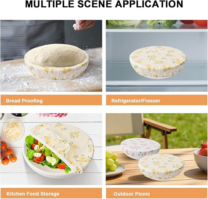 2Pcs Reusable Bowl Covers for Bread Proofing - Cotton Beeswax Bowl Covers Reusable with Elastic Rim, Eco-Friendly Sourdough Bowl Cover for Food Storage (10INCH) (small Flower)