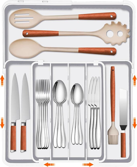 Spaclear Silverware Organizer - Expandable Kitchen Drawer Organizer, BPA-Free Food-Safe Utensil Drawer Organizer with 7 Compartments, Deep Cutlery Tray for Forks, Knives, White