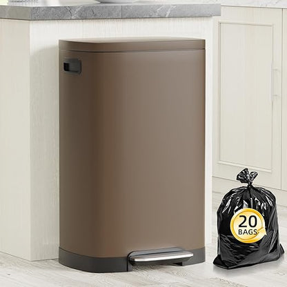 KdbK 13 Gallon Trash Can with Lid, 50L Fingerprint Proof Stainless Steel Kitchen Trash Can with Removable Inner Bucket and Lid Soft Close, Pedal Rubbish Bin for Home Office, Brown by Unknown
