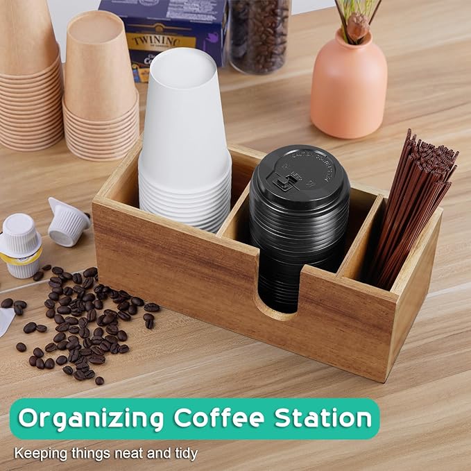 ALELION Acacia Wood Coffee Cup Holder for Countertop - Wood Coffee Bar Accessories and Organizer - Coffe Station Organizer for Cup Lid Stirrers Pod - Image 2