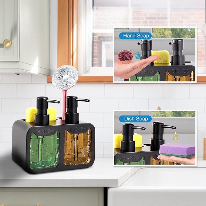 Kitchen Soap Dispenser Set, with Hand and Dish Soap, Sponge Caddy and Brush Holder 4-in-1 Kitchen Dual Soap Dispenser Set for Kitchen Sink, Bathroom - Black - Image 4