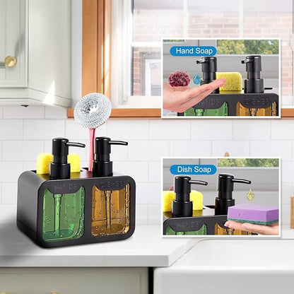 Kitchen Soap Dispenser Set, with Hand and Dish Soap, Sponge Caddy and Brush Holder 4-in-1 Kitchen Dual Soap Dispenser Set for Kitchen Sink, Bathroom - Black - Image 4