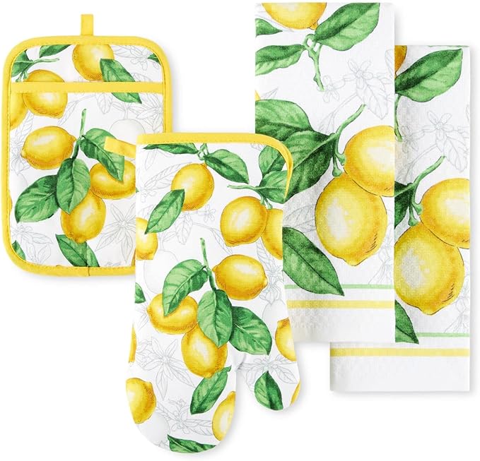 Martha Stewart Lots of Lemons Modern Kitchen Towel, Oven Mitt & Potholder Set, 4-Pack, White-Yellow by MarthaStewart