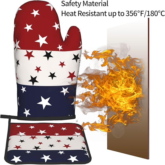 Red White and Blue Oven Mitts and Pot Holders Sets Patriotic American Flag StripedKitchen Mitts 4th of July Hot Pads for Cooking BBQ Baking Grilling - Image 5