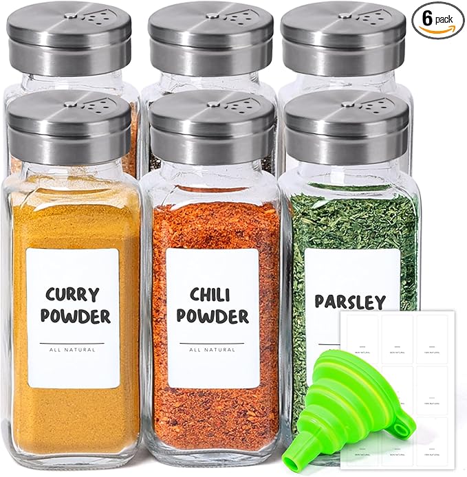 ComSaf Spice Jars with Shaker lids Adjustable, 8oz 6PCS，9 DIY Labels, Spice Jars Trial Set & Supplement Set, Empty Ingredient Containers and Square Ingredient Bottles for Kitchen and Seasoning by ComSaf