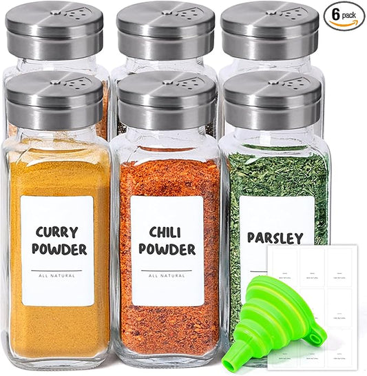 ComSaf Spice Jars with Shaker lids Adjustable, 8oz 6PCS，9 DIY Labels, Spice Jars Trial Set & Supplement Set, Empty Ingredient Containers and Square Ingredient Bottles for Kitchen and Seasoning by ComSaf