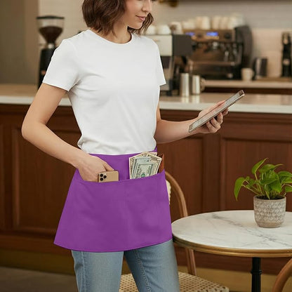 BOHARERS Waist Purple Apron with 3 Pockets - Black Waitress Server Short Apron - Image 3
