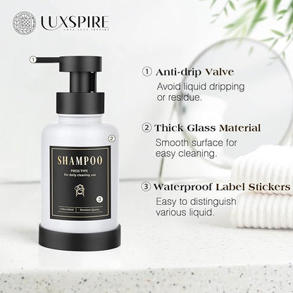 Luxspire Foaming Soap Dispenser, Glass Foam Pump Soap Dispenser, Non-Slip Hand Soap Bottle with 5 Waterproof Labels, 15 Oz Refillable Liquid Soap Bottle for Bathroom & Kitchen, White, 2 Pack