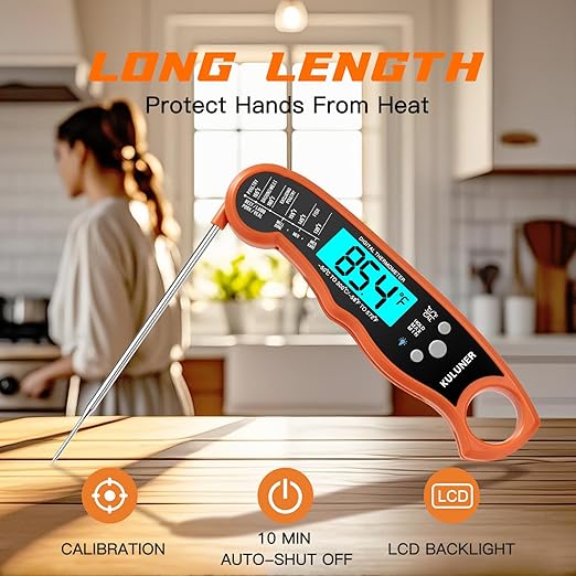 KULUNER TP-01 Waterproof Digital Instant Read Meat Thermometer with 4.6 Folding Probe Backlight Calibration Function for Cooking Food Candy, BBQ Grill, Liquids,Beef(Orange) - Image 5