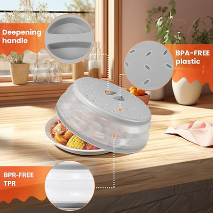 Large Collapsible Microwave Cover for Food, 12.2inch Microwave Splatter Cover, Microwave Plate&Dish Cover with Easy Grip Handle, BPA-free, Dishwasher Safe (Light Grey) - Image 3