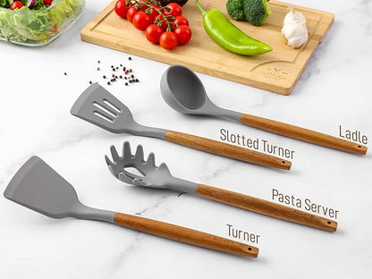 Zulay Kitchen Utensils Set Non-Stick Silicone Cooking Utensils Set with Authentic Acacia Wood Handles - 8 Piece Set - Silicone Kitchen Utensils Set with 464°F Heat Resistance - Gray - Image 8