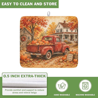 Fall Pumpkin Dish Drying Mat for Kitchen Counter Thanksgiving Autumn Harvest Pattern Microfiber Dish Drainer Mat Vintage Rustic Farmhouse Absorbent Washable Drying Pad 16"x18"