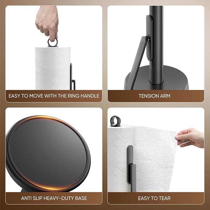 theaoo Heavy-Duty Stainless Steel Paper Towel Holder with Tension Arm – Easy One-Handed Tear, Modern Standing Countertop Dispenser for Kitchen, Holds All Paper Towel Rolls (1, Black) - Image 6