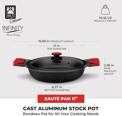 BRA COOKWARE Infinity Dual-Handled Sauté Pan w/Glass Lid | 11-Inch 2.95-Quart Shallow Stock Pot | Nonstick Cast Aluminum Everyday Chef Pan | PFAS Free Rondeau Pot | All Cooktops incl. Induction