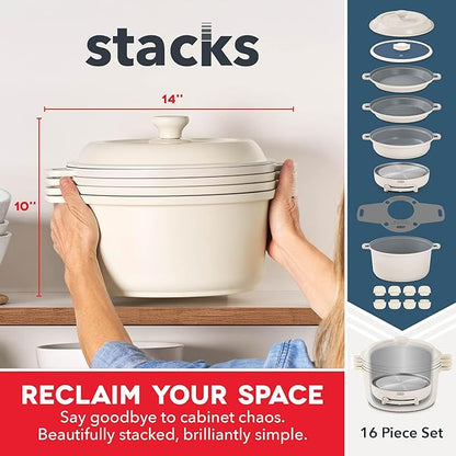 Dash Stacks Stacking Cookware Set with Electric Burner - Features CleanCoating™ Ceramic Nonstick Coating - Versatile, Nestable Pieces - Convenient Storage - Cream, 16-Piece